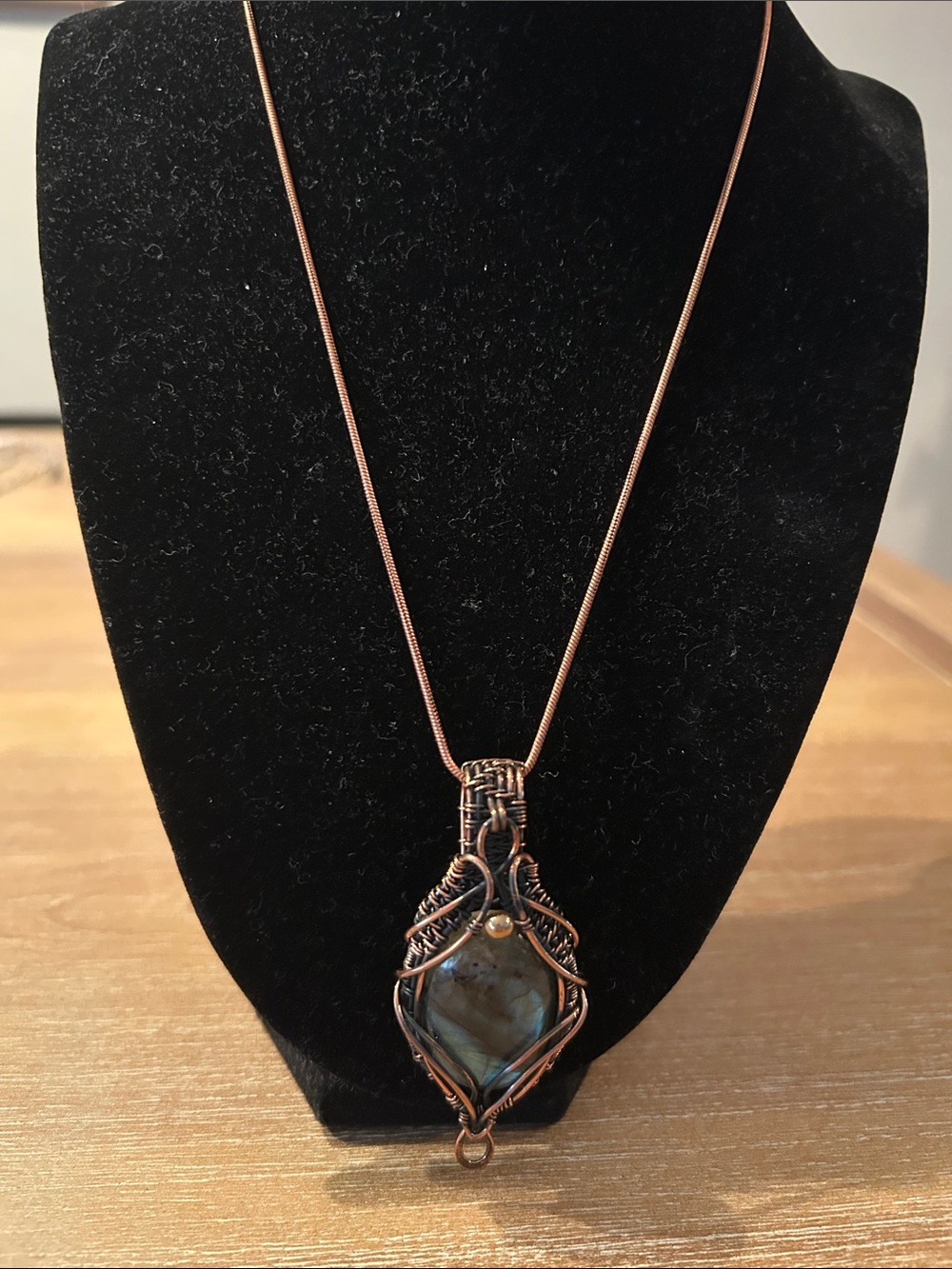 Handcrafted Copper Wire Wrapped Labradorite Necklace - Blue-Green Stone